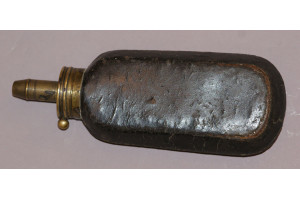 A large Early 19th Century Leather Bodied Sykes Powder Flask