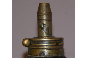 A large Early 19th Century Leather Bodied Sykes Powder Flask