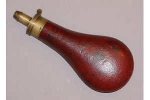 A Very Nice Large 19th Century Red Leather Covered Bag Shaped Powder Flask