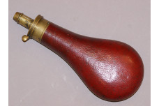 A Very Nice Large 19th Century Red Leather Covered Bag Shaped Powder Flask