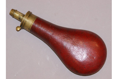 A Very Nice Large 19th Century Red Leather Covered Bag Shaped Powder Flask