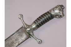 18th Century English Silver Hilted Hunting Sword with Lionhead Pommel & Eastern Influence Damascus Pattern Blade